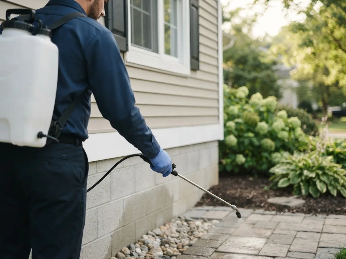 Pest control technician inspecting a home in Cowden, IL